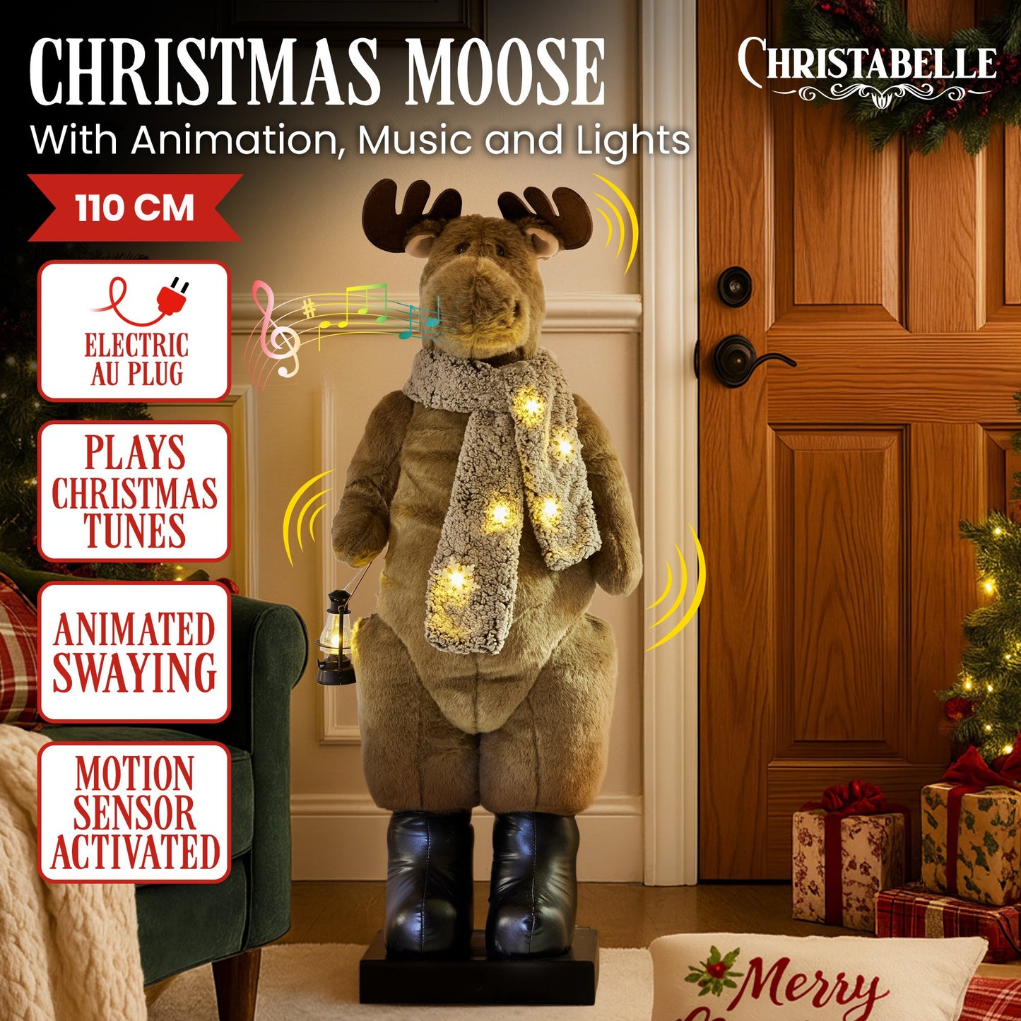Christabelle 1.1m Musical LED Animated Christmas Moose Decoration Light-Up Lantern Ornament - Image 2
