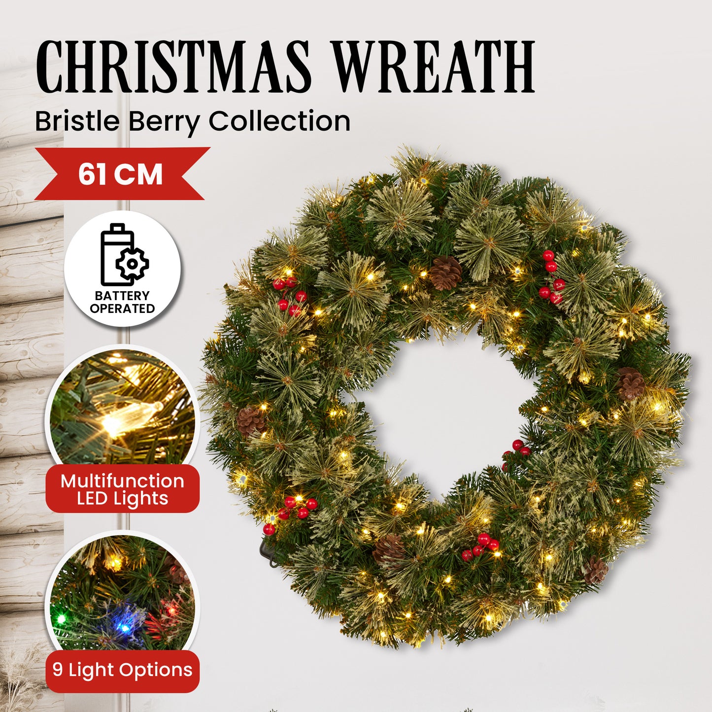 Christabelle 61cm Christmas Wreath Bristle Berry with LED Lights Front Door Decoration Ornament - Image 3