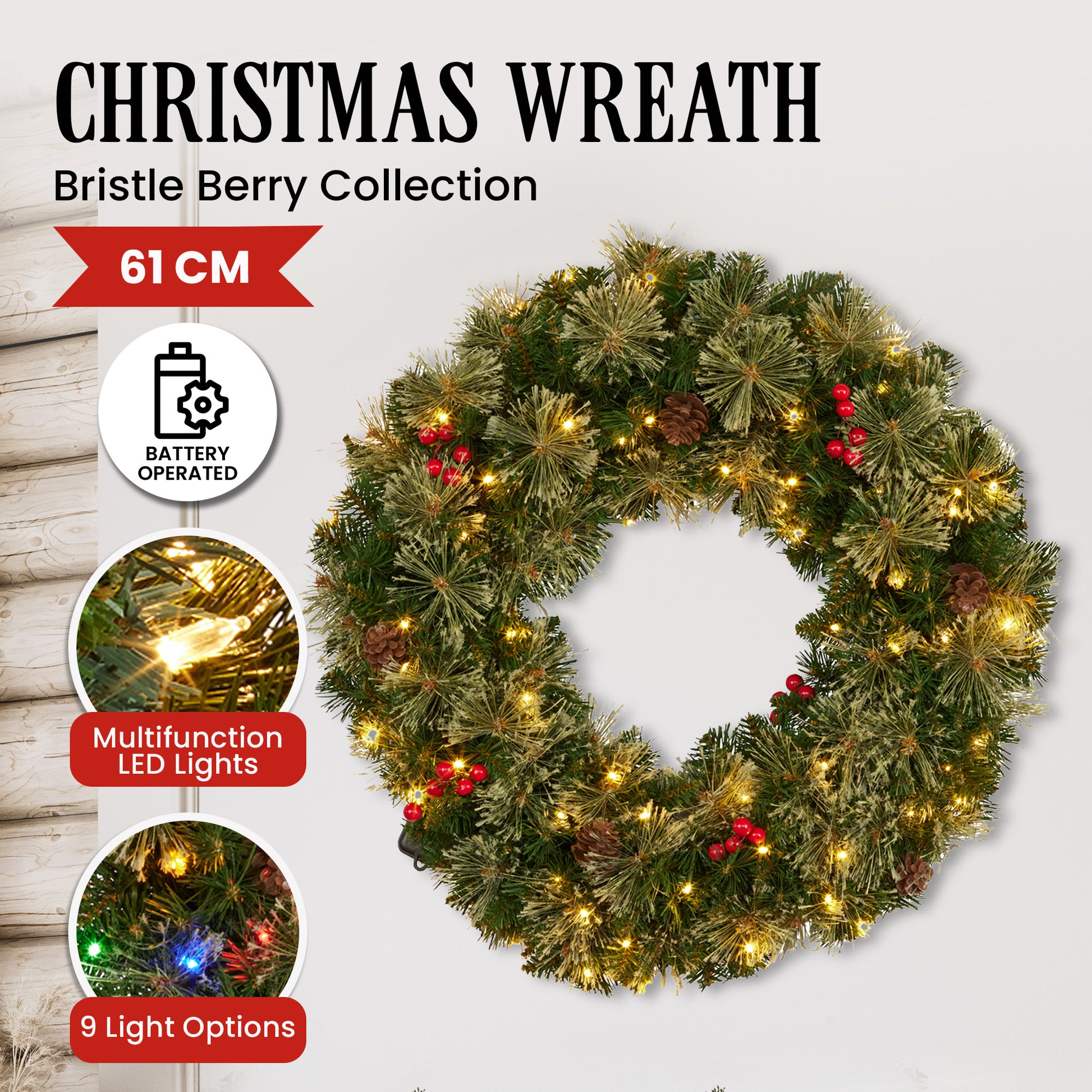 Christabelle 61cm Christmas Wreath Bristle Berry with LED Lights Front Door Decoration Ornament - Image 3