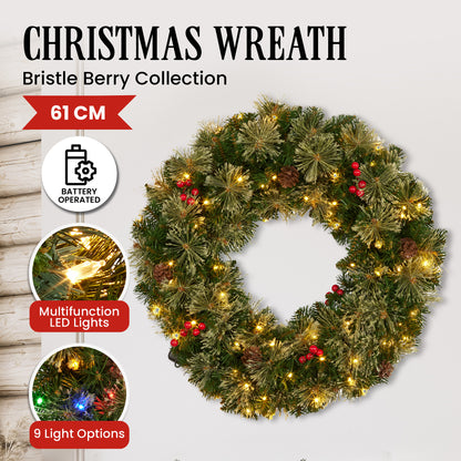 Christabelle 61cm Christmas Wreath Bristle Berry with LED Lights Front Door Decoration Ornament - Image 3