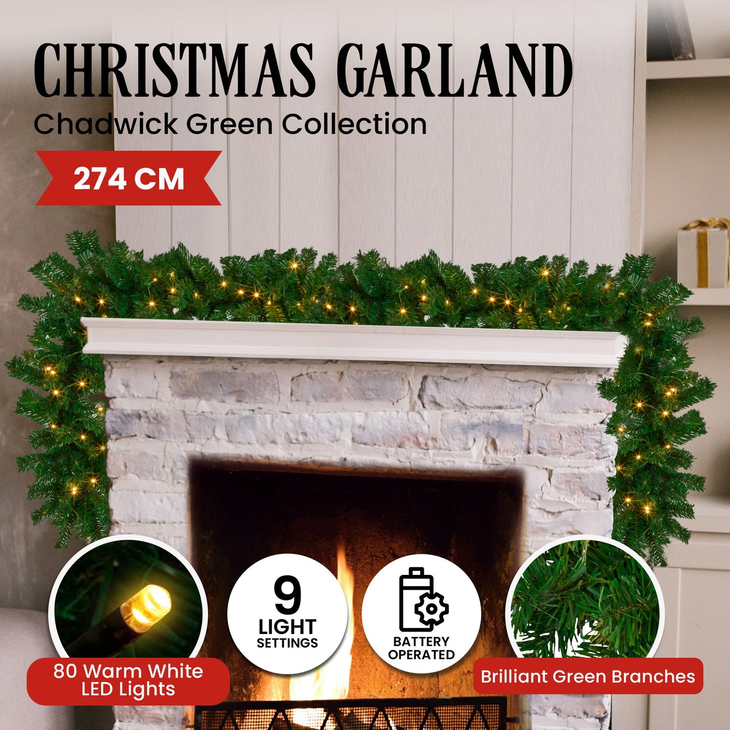 Christabelle 2.7m Christmas Garland with LED Lights Chadwick Tree Decoration Ornament - Image 3