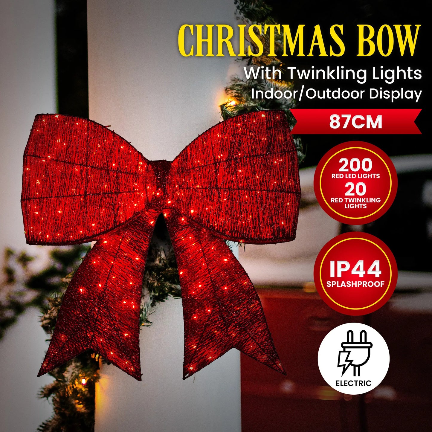 Christabelle Christmas Display Bow 91cm with LED and Twinkle Lights 5 Functions Christmas Festive Decorations Display Big Wired Bow - Image 3