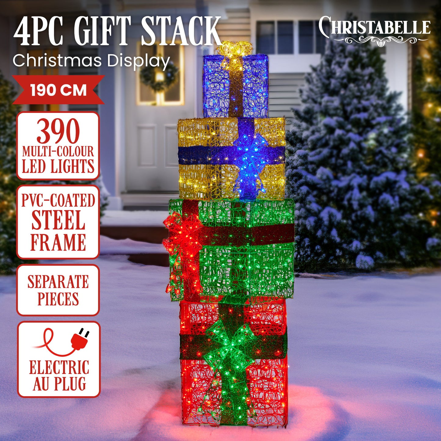 Christabelle 190cm 4-piece Gift Stack Box Christmas Decor Bows Led Lights Xmas - Image 2