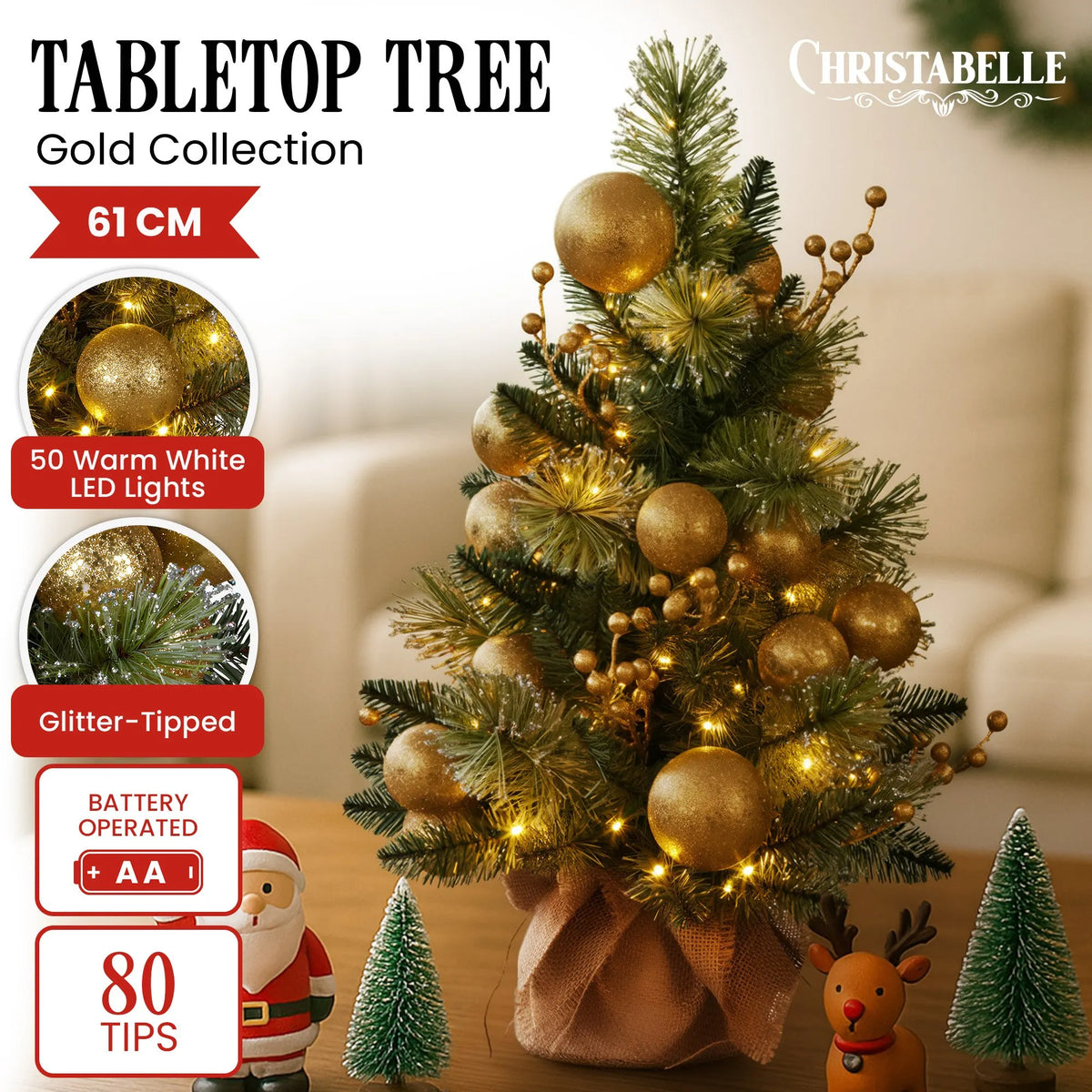 Christabelle 61cm Battery-operated Christmas Tree Warm Lights Led Table Top Gold - Image 2