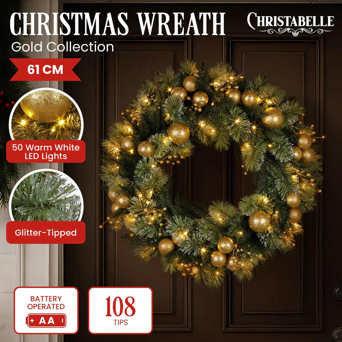 Christabelle 61cm Christmas Wreath Glittery Tipped with LED Lights and Golden Baubles Front Door Decoration Ornament - Image 2
