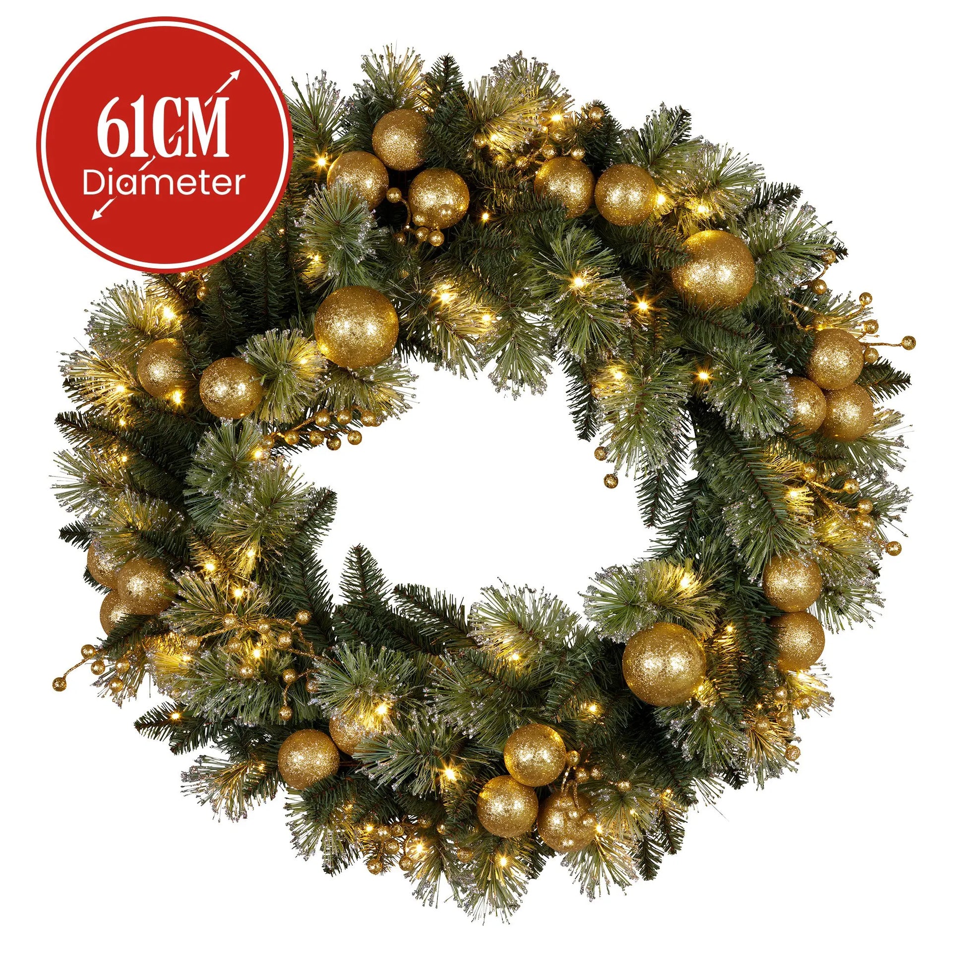 Christabelle 61cm Christmas Wreath Glittery Tipped with LED Lights and Golden Baubles Front Door Decoration Ornament - Image 3