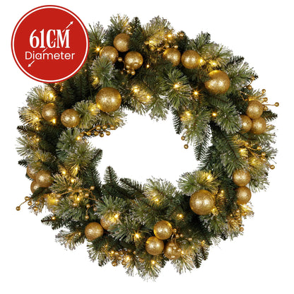 Christabelle 61cm Christmas Wreath Glittery Tipped with LED Lights and Golden Baubles Front Door Decoration Ornament - Image 3