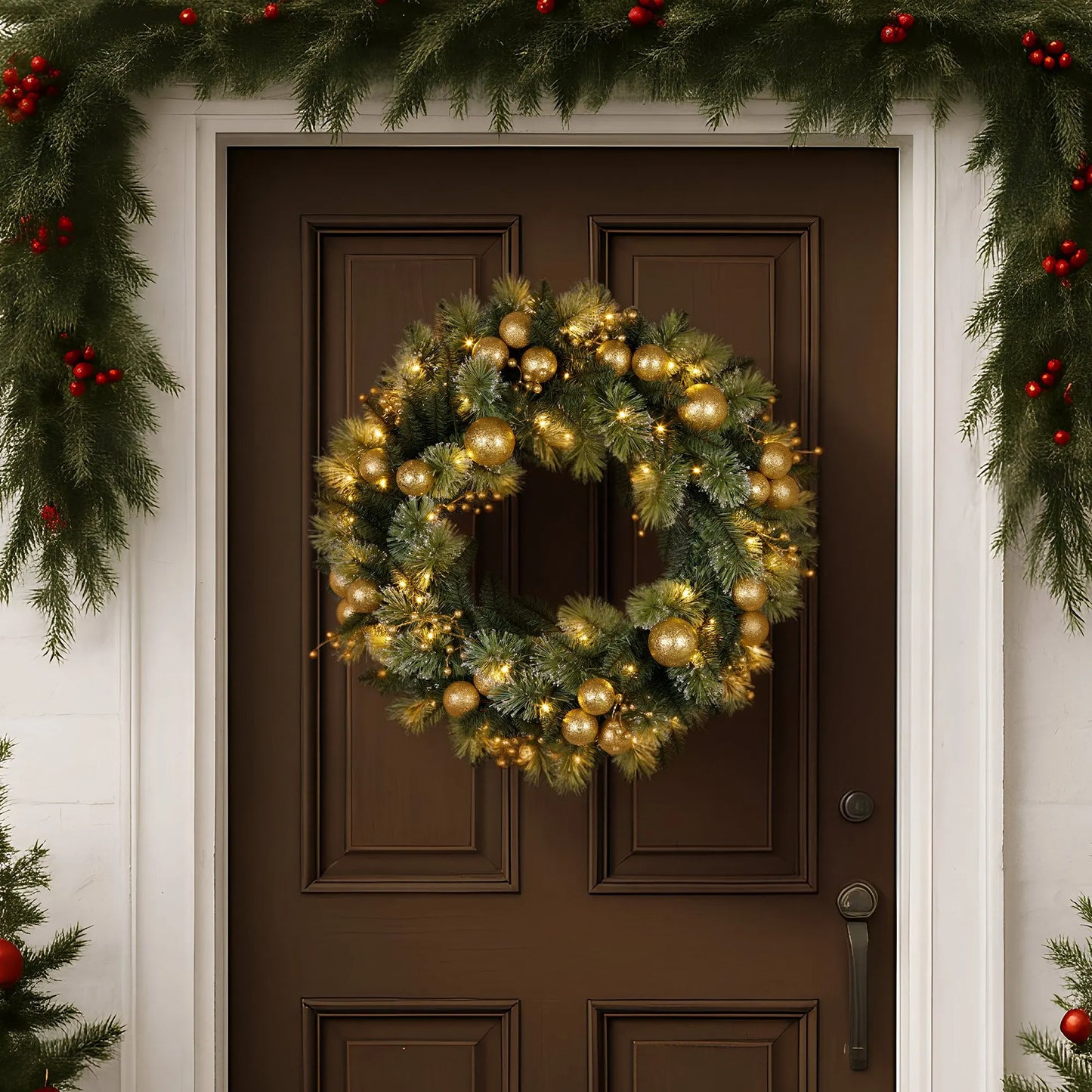 Christabelle 61cm Christmas Wreath Glittery Tipped with LED Lights and Golden Baubles Front Door Decoration Ornament - Image 6