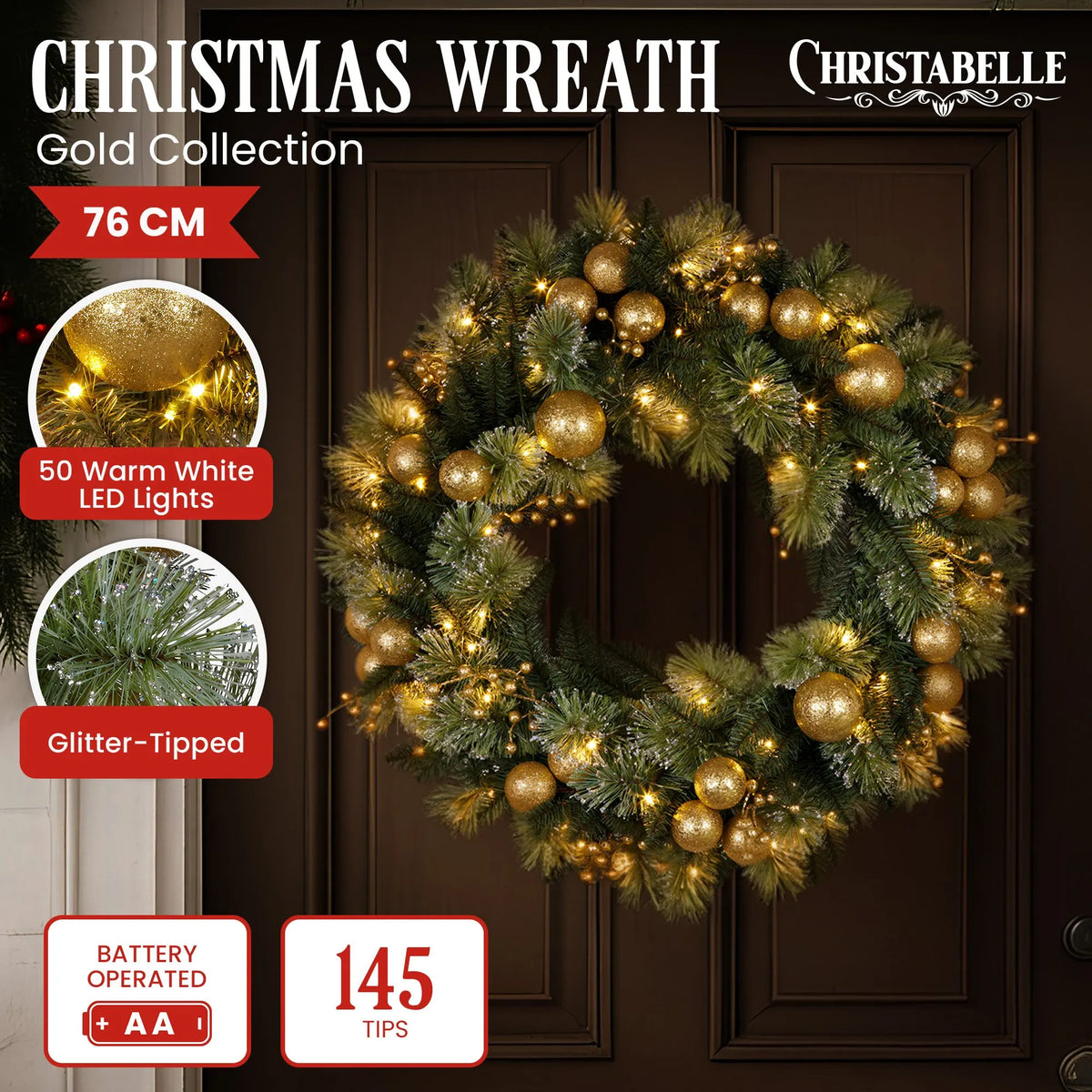 Christabelle 76cm Christmas Wreath Glittery Tipped with LED Lights and Golden Baubles Front Door Decoration Ornament - Image 2