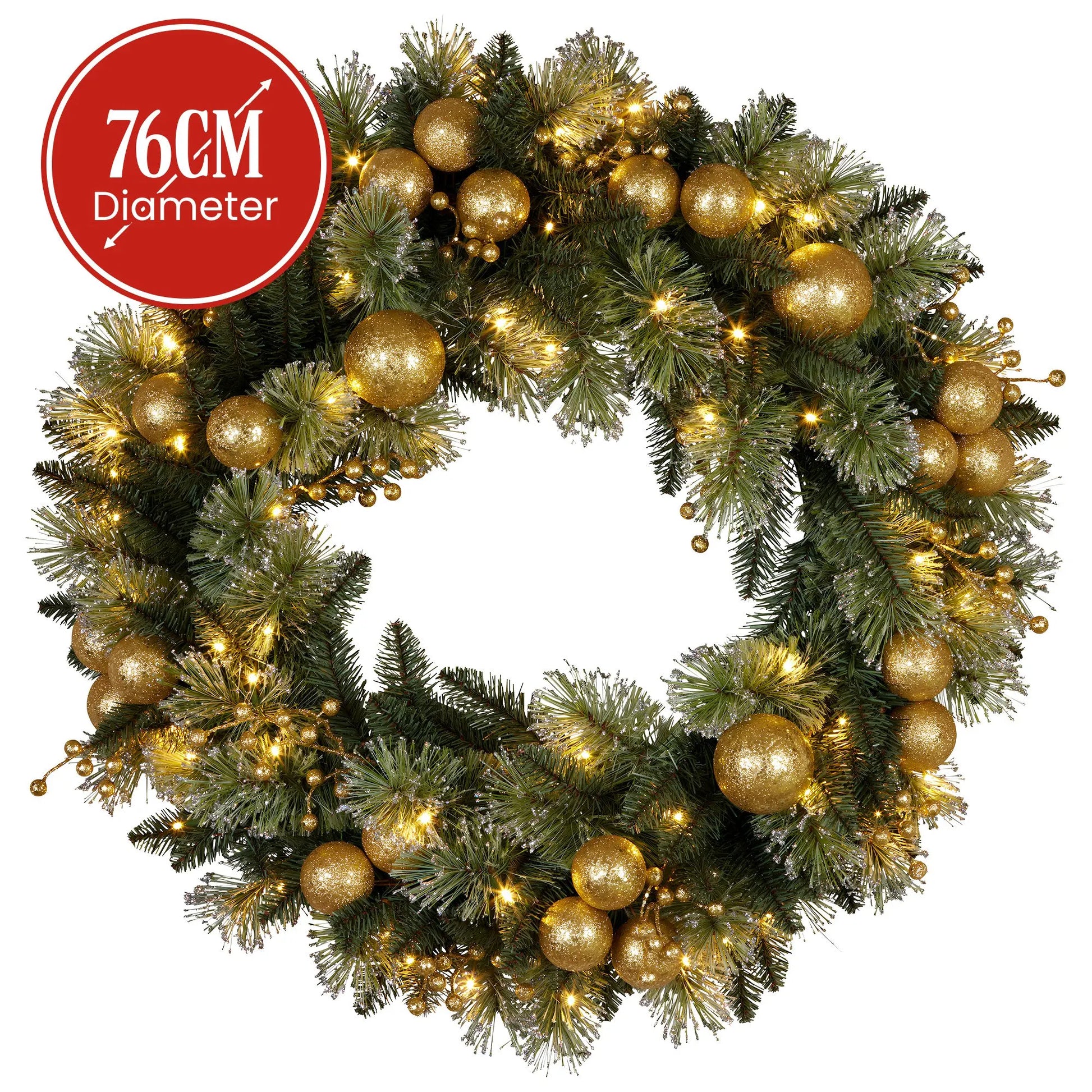 Christabelle 76cm Christmas Wreath Glittery Tipped with LED Lights and Golden Baubles Front Door Decoration Ornament - Image 3