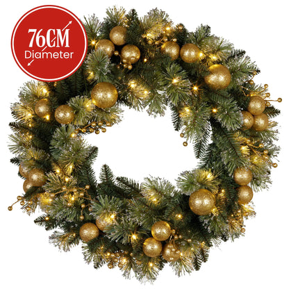 Christabelle 76cm Christmas Wreath Glittery Tipped with LED Lights and Golden Baubles Front Door Decoration Ornament - Image 3