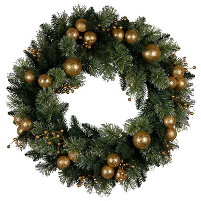 Christabelle 76cm Christmas Wreath Glittery Tipped with LED Lights and Golden Baubles Front Door Decoration Ornament - Image 4