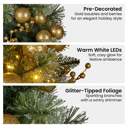 Christabelle 76cm Christmas Wreath Glittery Tipped with LED Lights and Golden Baubles Front Door Decoration Ornament - Image 5