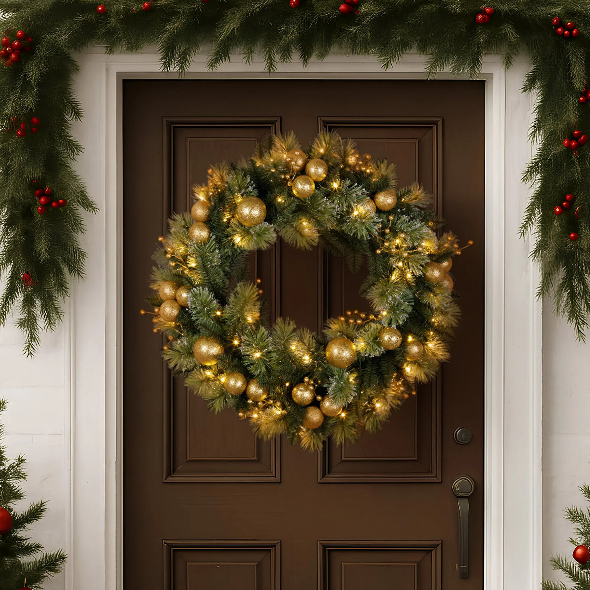 Christabelle 76cm Christmas Wreath Glittery Tipped with LED Lights and Golden Baubles Front Door Decoration Ornament - Image 6