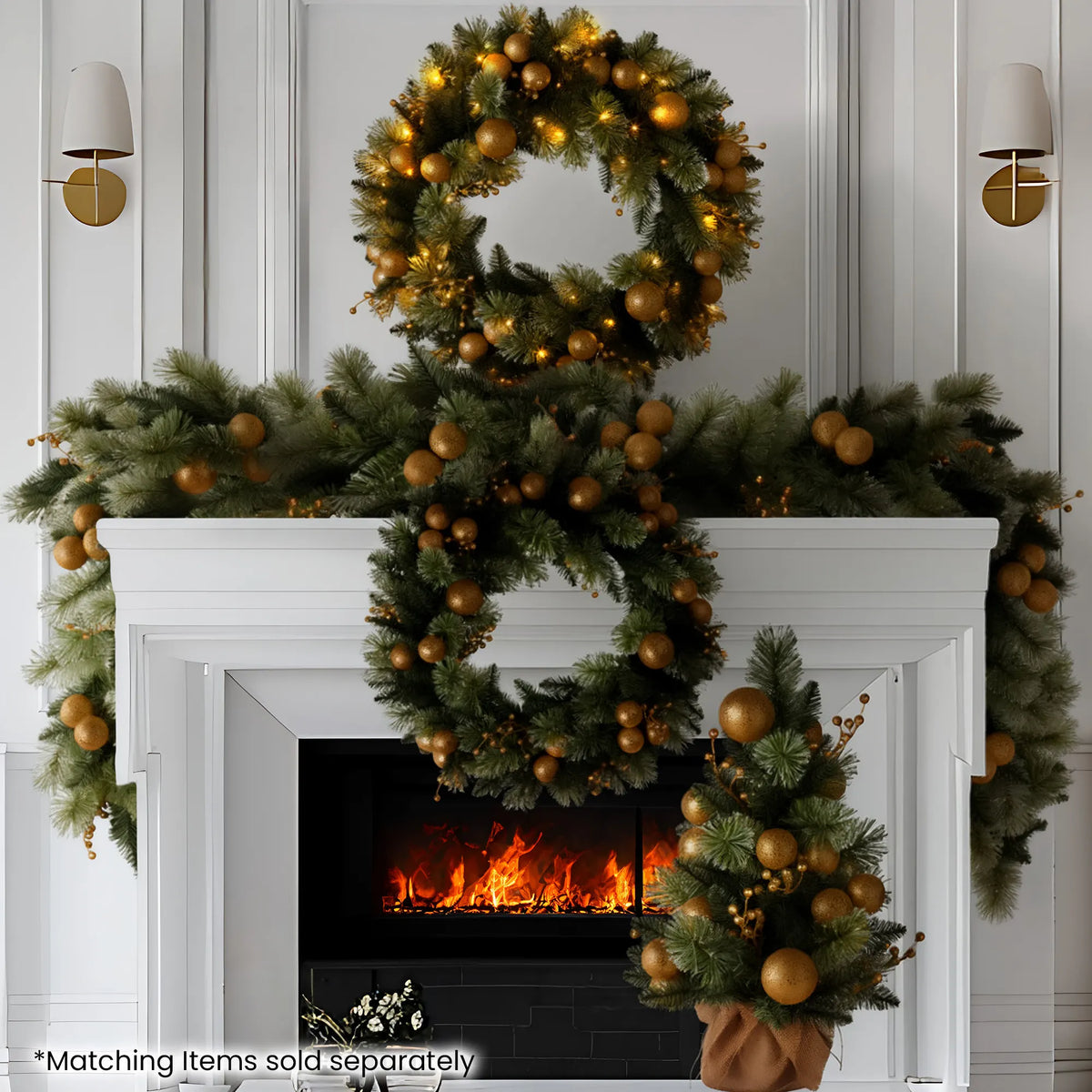 Christabelle 76cm Christmas Wreath Glittery Tipped with LED Lights and Golden Baubles Front Door Decoration Ornament - Image 7