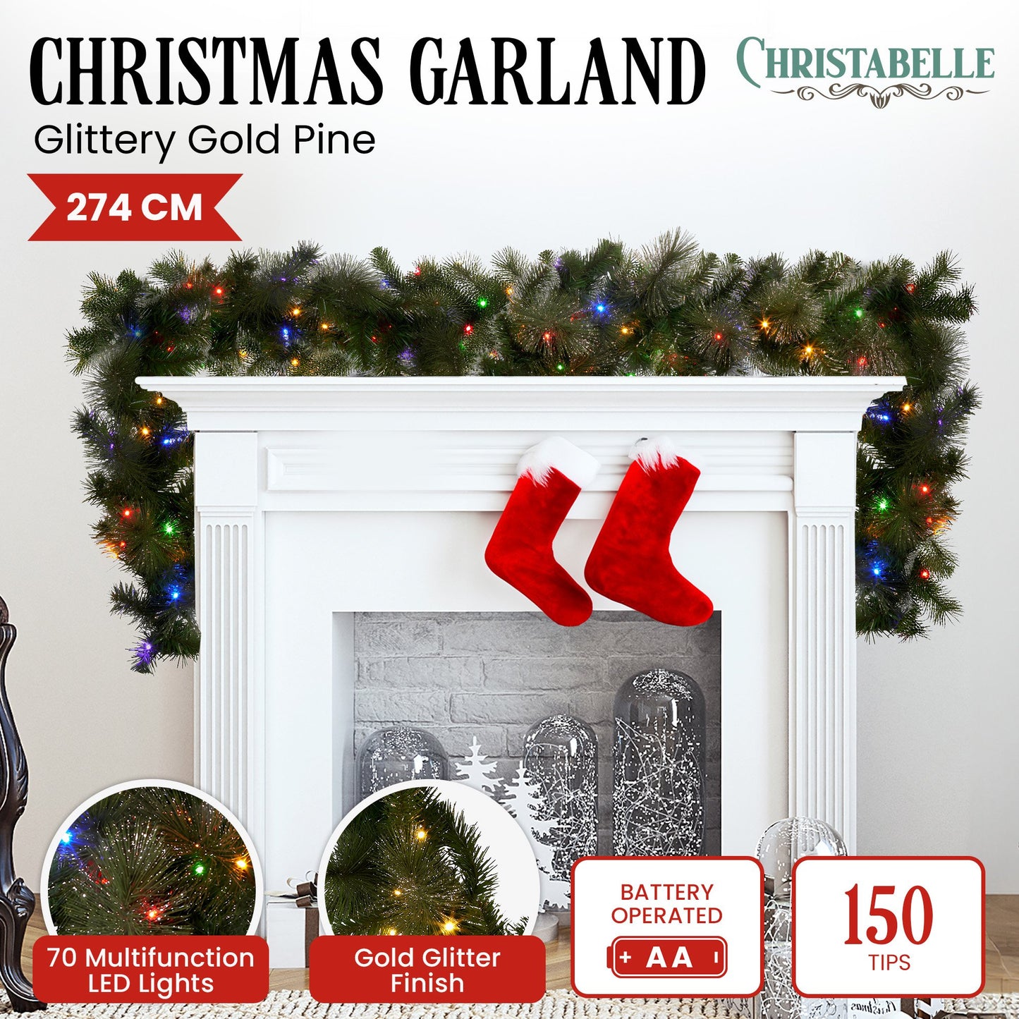 Christabelle 2.7m Christmas Garland with LED Lights Glittery Gold Pine Mantle Decoration Ornament - Image 3