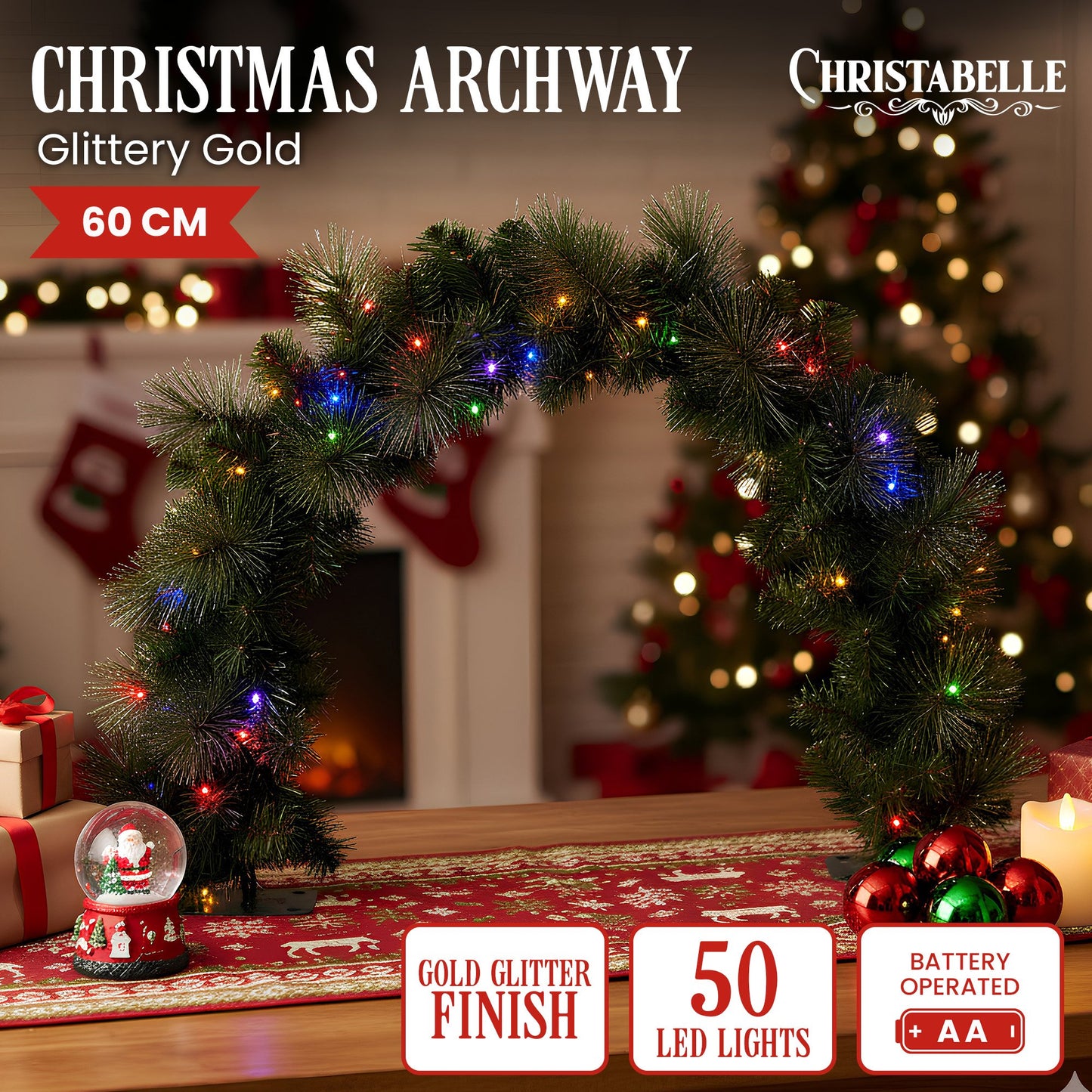 Christabelle 60cm Tabletop Christmas Archway Garland with LED Lights Gold Mantle Decoration Ornament - Image 2