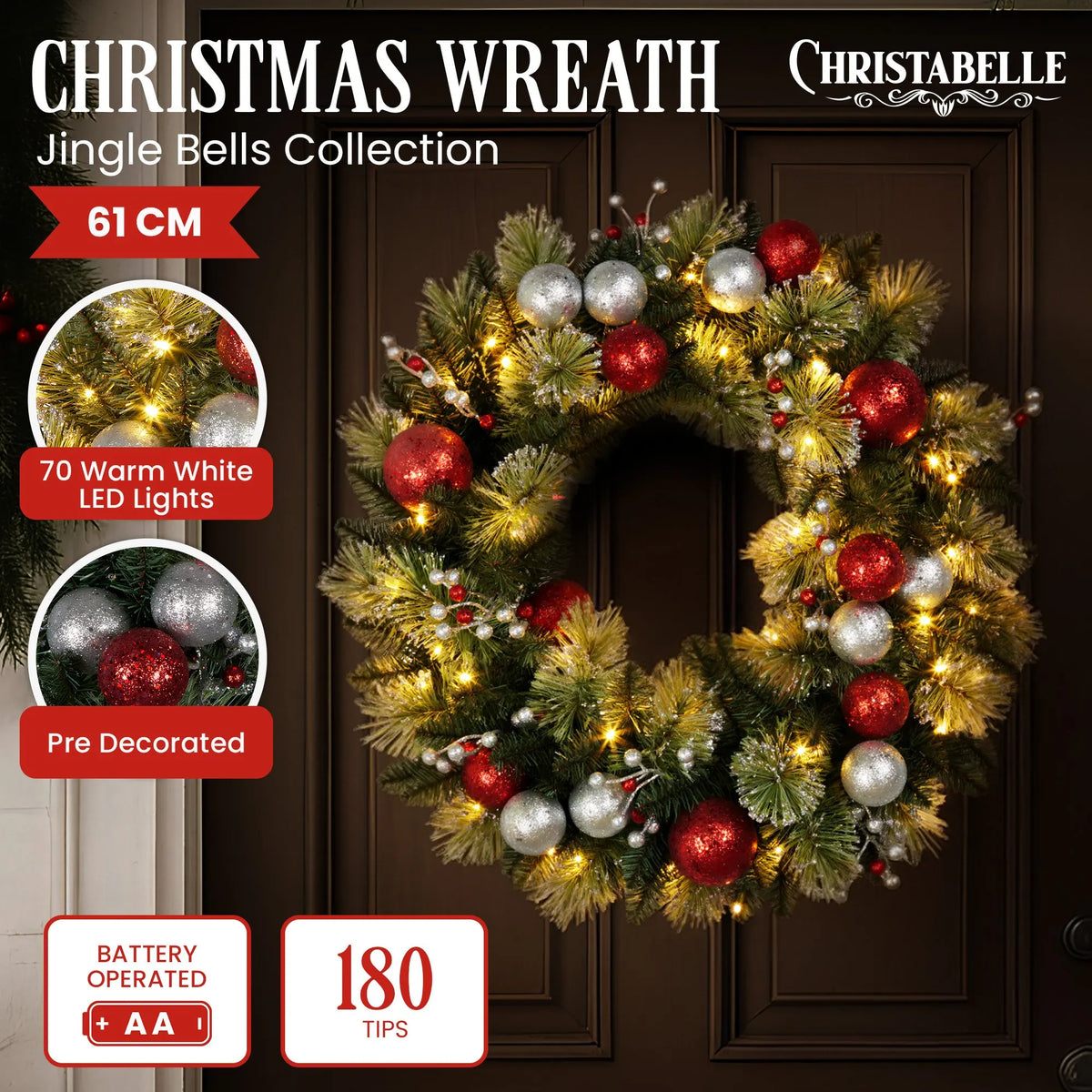 Christabelle Stunning 61cm Christmas Wreath with LED Lights Baubles Berries Red Silver Front Door Decoration - Image 2