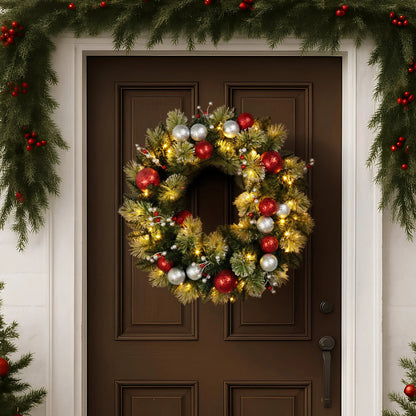 Christabelle Stunning 61cm Christmas Wreath with LED Lights Baubles Berries Red Silver Front Door Decoration - Image 6