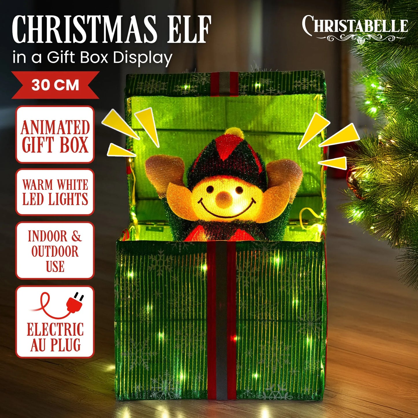 Christabelle Animated Elf Gift Box Led Lights Christmas Tree Decoration Ornament - Image 2