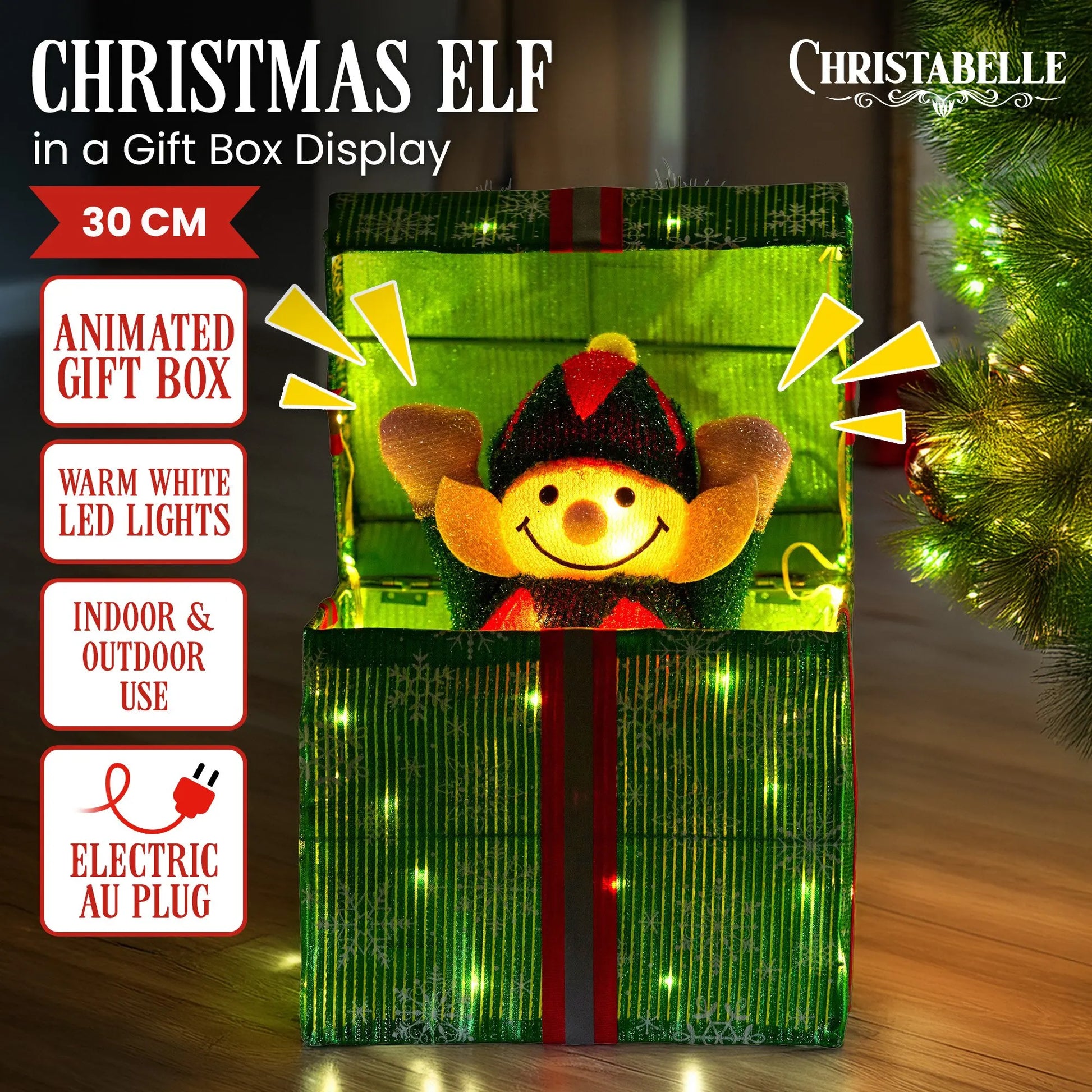 Christabelle Animated Elf Gift Box Led Lights Christmas Tree Decoration Ornament - Image 2