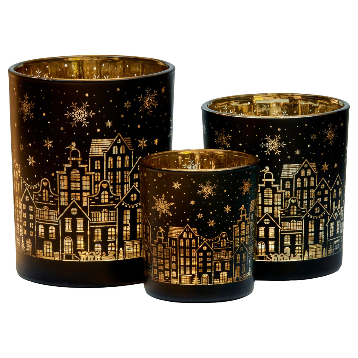 Christabelle Christmas Candle Jar Set Of 3 Black And Gold Holiday Candle Holders