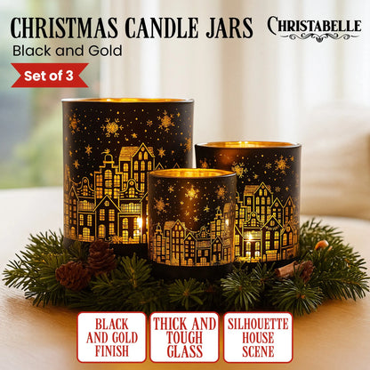 Christabelle Christmas Candle Jar Set Of 3 Black And Gold Holiday Candle Holders - Image 2