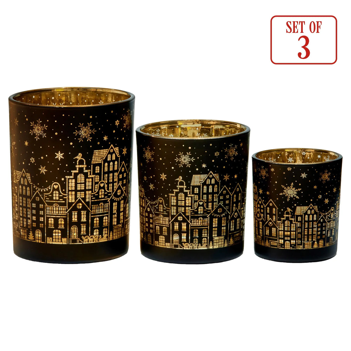 Christabelle Christmas Candle Jar Set Of 3 Black And Gold Holiday Candle Holders - Image 4