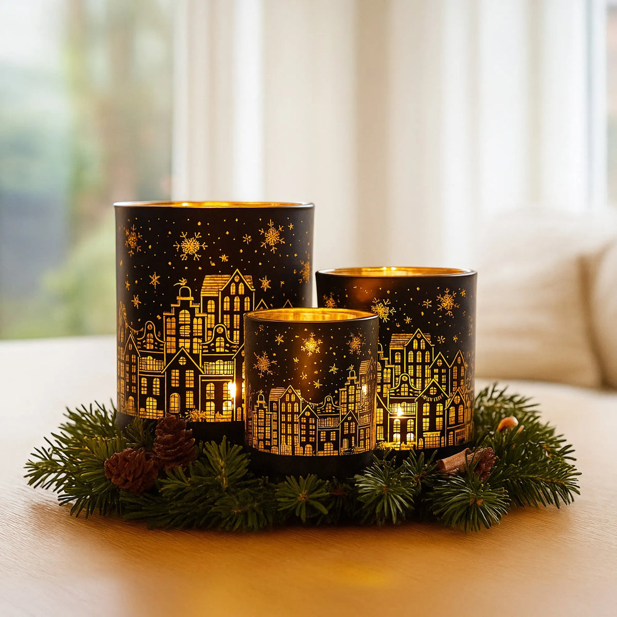 Christabelle Christmas Candle Jar Set Of 3 Black And Gold Holiday Candle Holders - Image 6