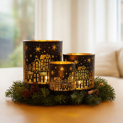 Christabelle Christmas Candle Jar Set Of 3 Black And Gold Holiday Candle Holders - Image 6