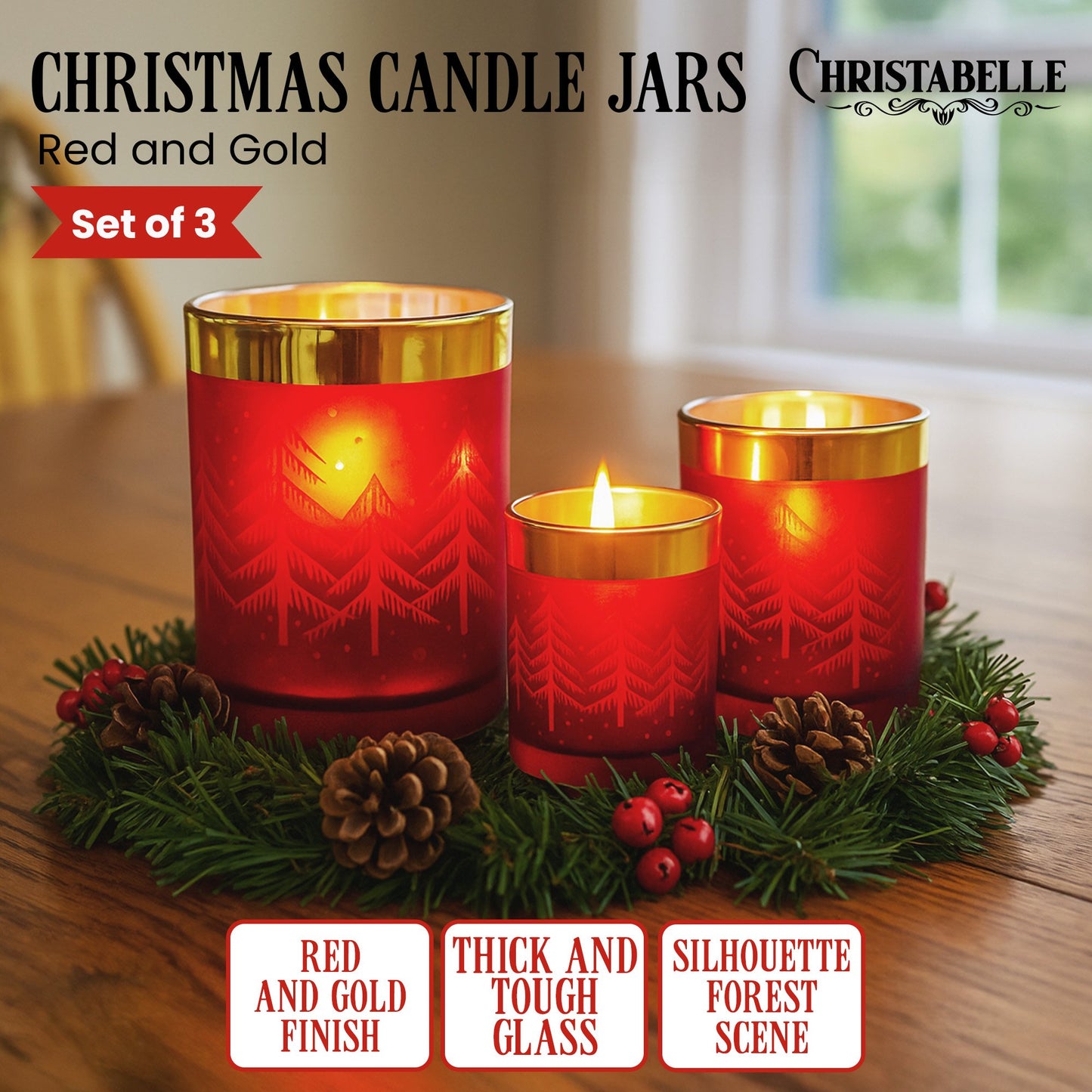Christabelle Christmas Candle Jar Set Of 3 Red And Gold Holiday Candle Holders - Image 2