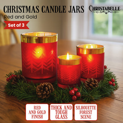 Christabelle Christmas Candle Jar Set Of 3 Red And Gold Holiday Candle Holders - Image 2