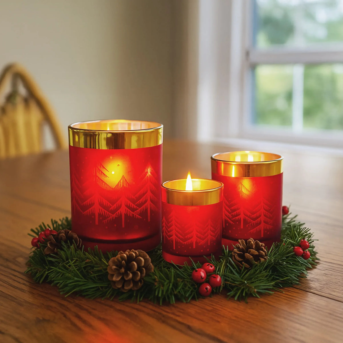 Christabelle Christmas Candle Jar Set of 3 Red and Gold Holiday Candle Holders - Image 6