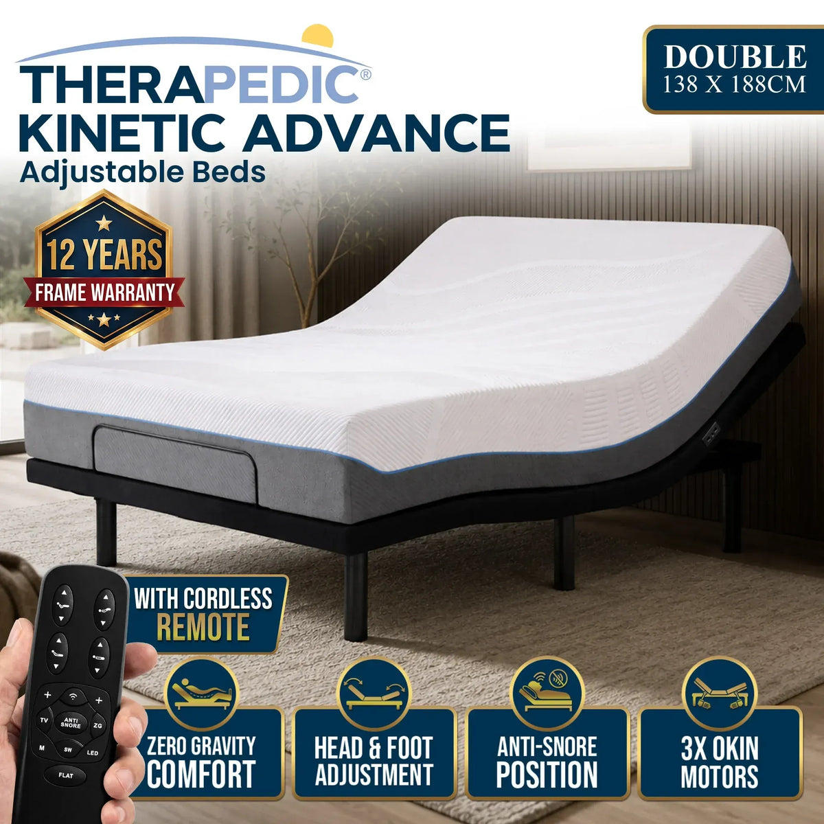 Therapedic Advance Double Adjustable Bed Frame Base with Head Tilt, Massage, USB & Wireless Remote - Image 2