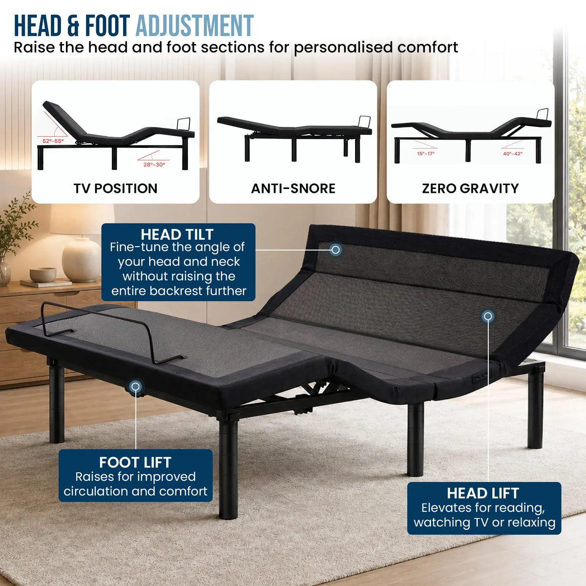 Therapedic Advance Double Adjustable Bed Frame Base with Head Tilt, Massage, USB & Wireless Remote - Image 5