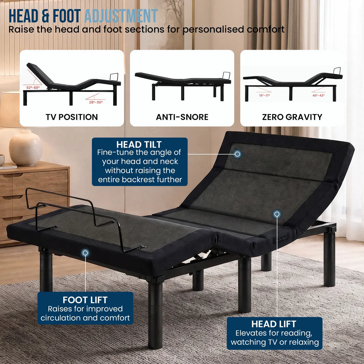 Therapedic Advance Long Single Adjustable Bed Frame Base with Head Tilt, Massage, USB & Wireless Remote - Image 5