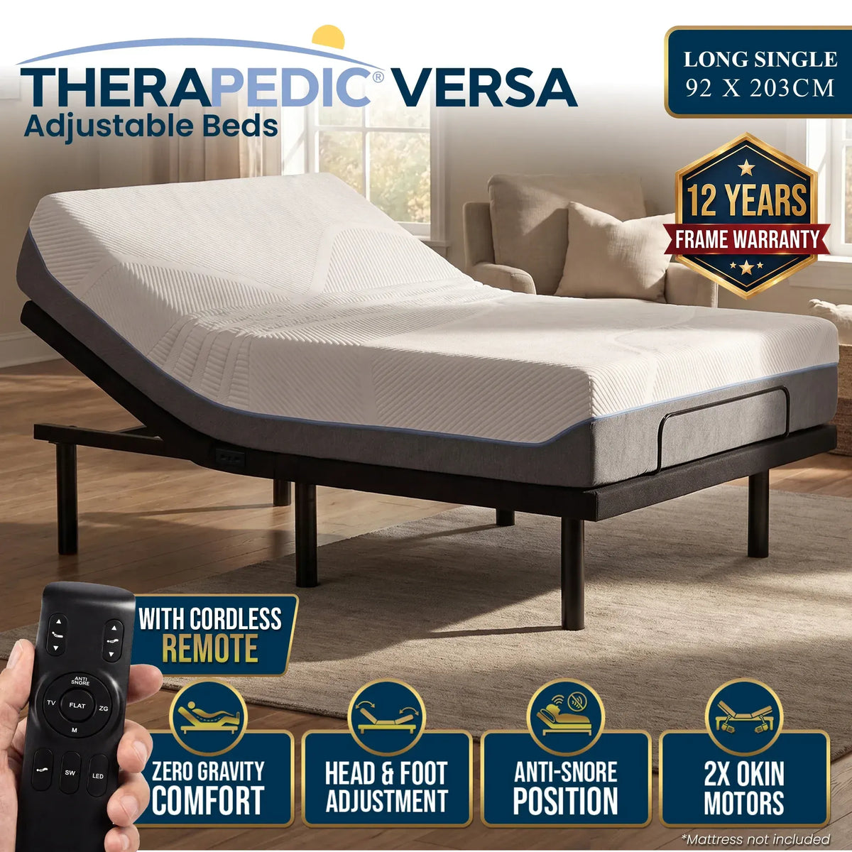 Therapedic Versa Electric Long Single Adjustable Bed Base Frame with Massage Dual Motor Zero Gravity & Wireless Remote - Image 2