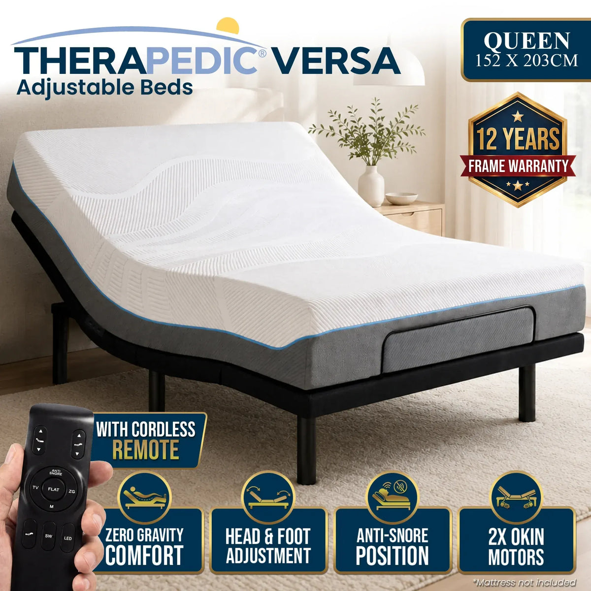 Therapedic Versa Electric Queen Adjustable Bed Base Frame with Massage Dual Motor Zero Gravity & Wireless Remote - Image 2