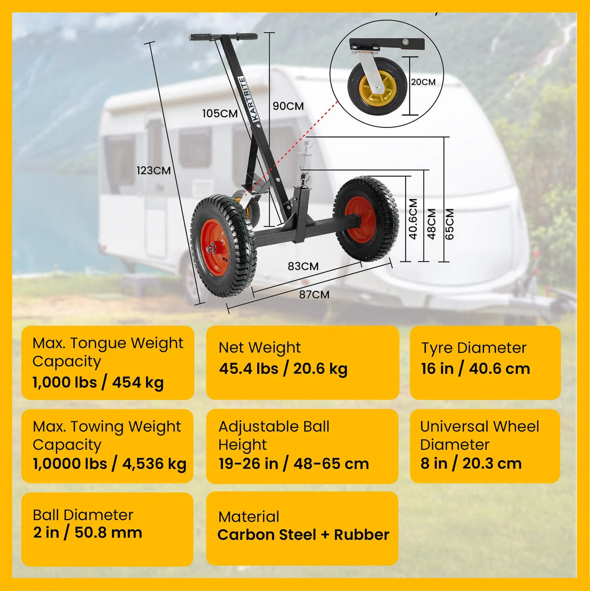 Kartrite 3-Wheel Adjustable Trailer Dolly Heavy Duty Caravan Mover 1000 lbs Tongue Capacity Durable Transport Solution - Image 9