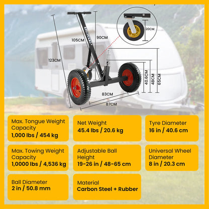 Kartrite 3-Wheel Adjustable Trailer Dolly Heavy Duty Caravan Mover 1000 lbs Tongue Capacity Durable Transport Solution - Image 9