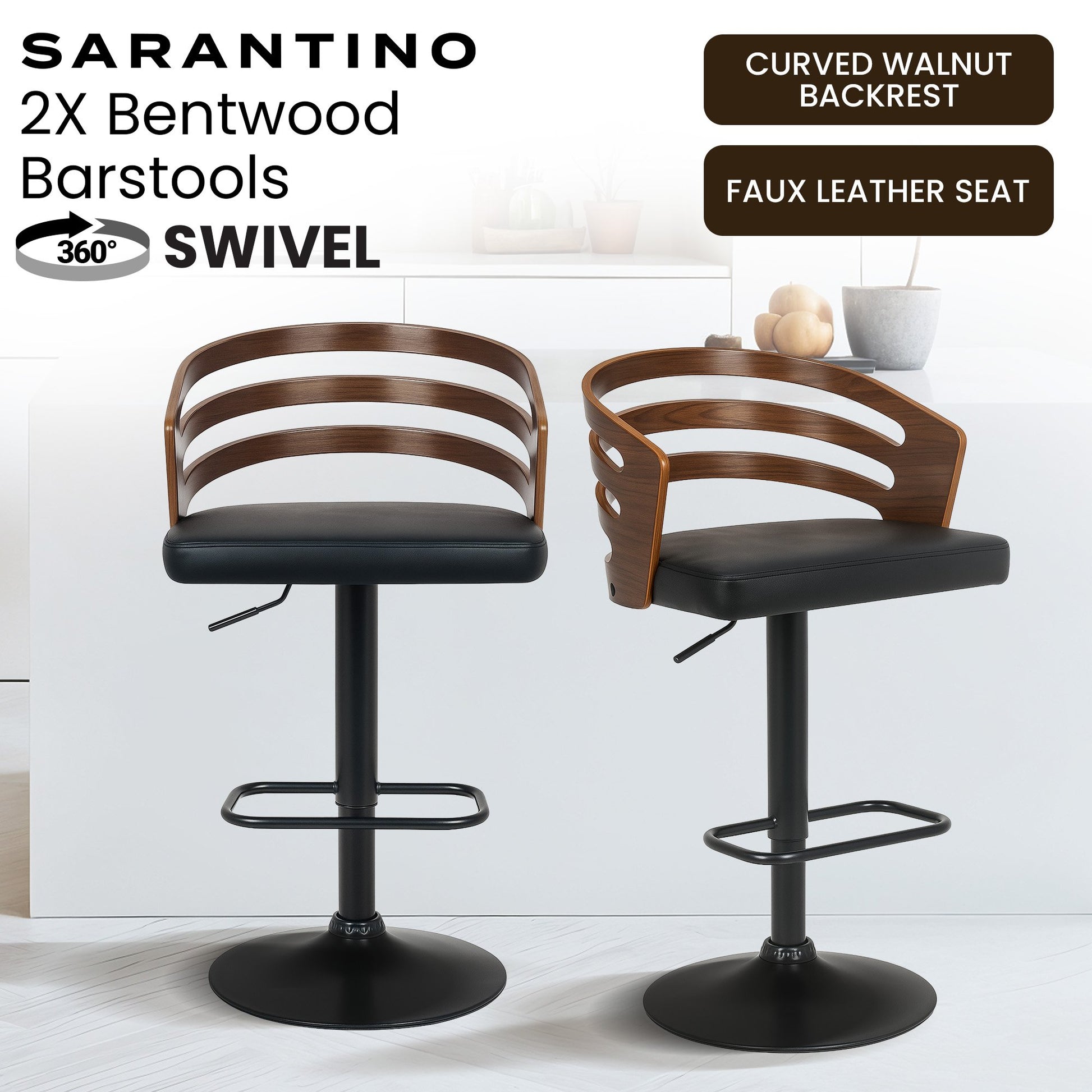 Sarantino Set Of 2 Bentwood Walnut Barstool Adjustable Height Swivel Footrest - Image 2