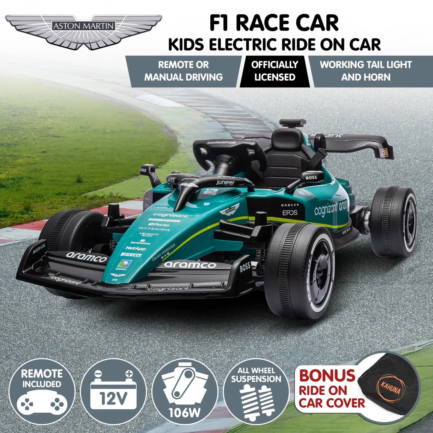 Kahuna Aston Martin Aramco F1 Licensed Electric Kids Ride On Race Car - Image 3