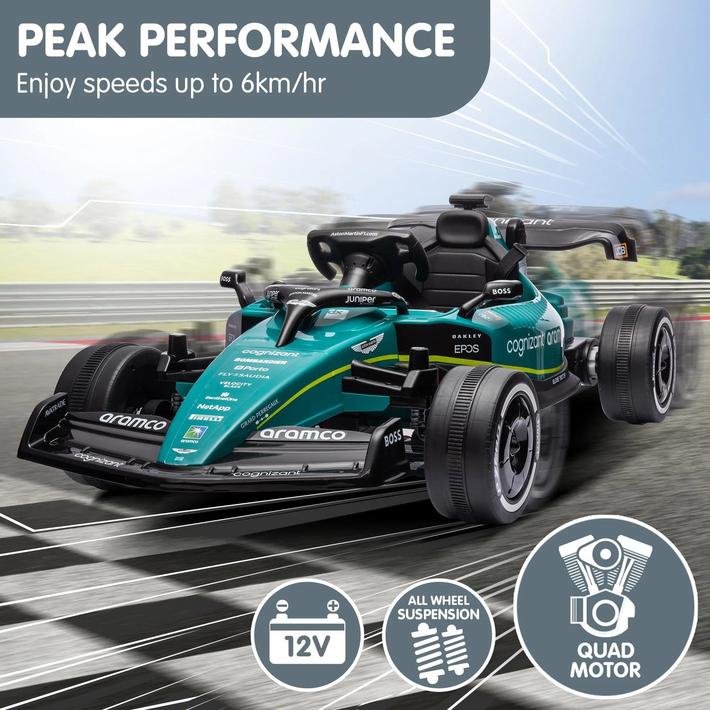 Kahuna Aston Martin Aramco F1 Licensed Electric Kids Ride On Race Car - Image 6
