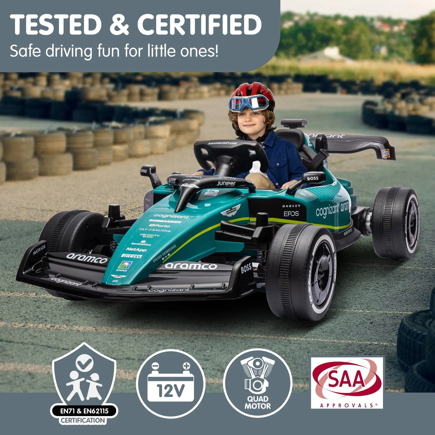 Kahuna Aston Martin Aramco F1 Licensed Electric Kids Ride On Race Car - Image 9