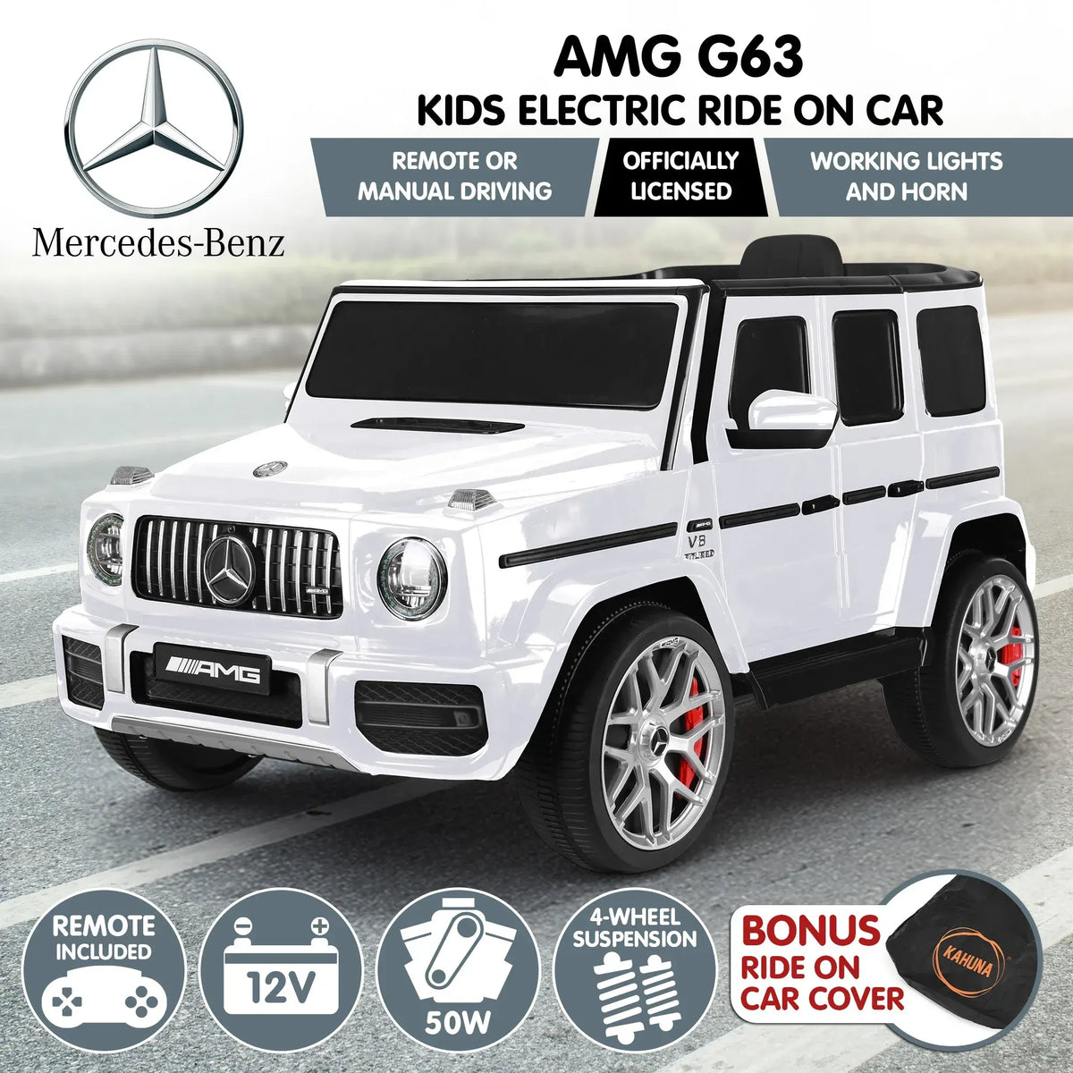 Kahuna Mercedes Benz AMG G63 Kids Electric Ride On Car w/ Remote Control - White - Image 2