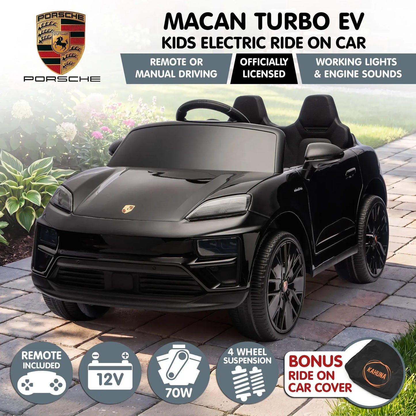 Kahuna Black Porsche Macan Turbo EV Kids Ride On Car 12V Electric Car - Image 2