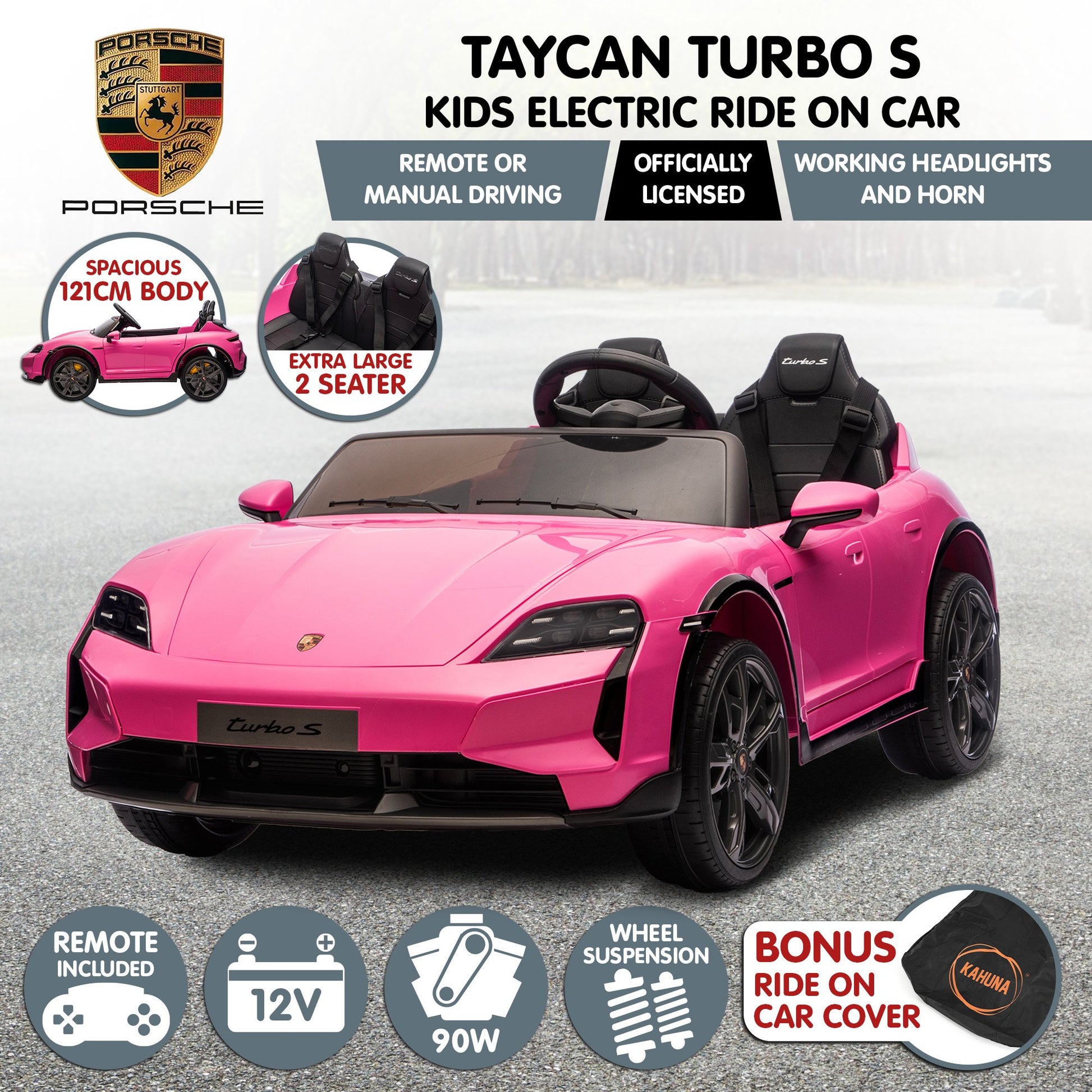 Kahuna Porsche Taycan Turbo S Kids Electric Ride On Car w/Remote Control 90W Four Wheel Suspension 2 Seater w/Seat Belt - Image 2