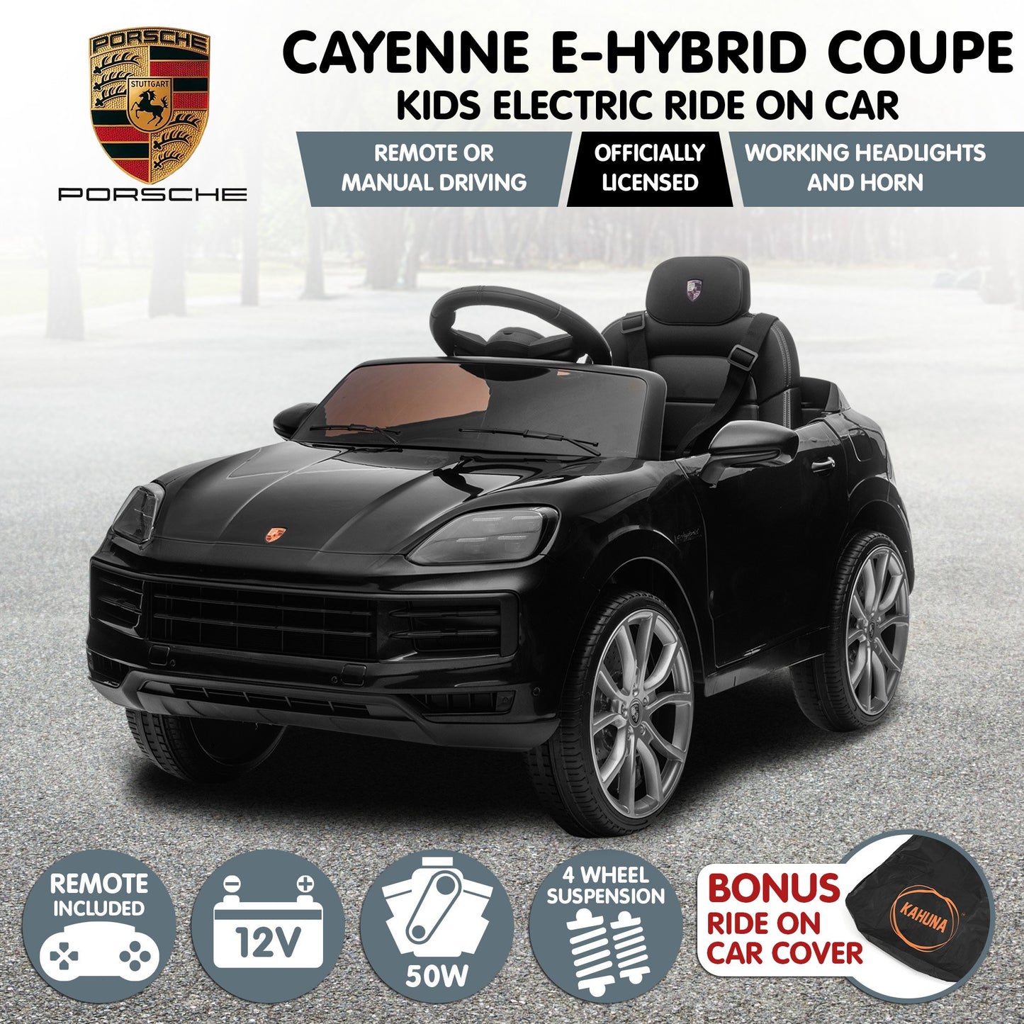 Kahuna Porsche Cayenne E Hybrid Coupe Licensed Kids Electric Ride On Car w/Remote Control 50W Dual Motors Speed Settings - Image 2