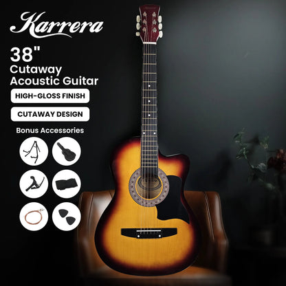 Karrera 38in Pro Cutaway Acoustic Guitar with Bag Strings - Sun Burst - Image 3