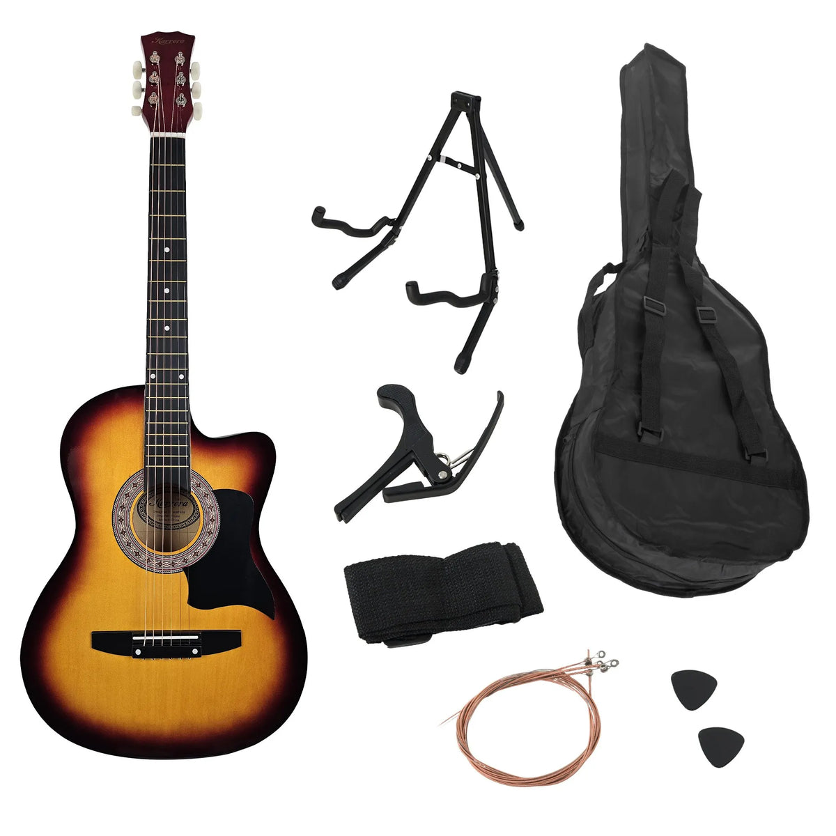 Karrera 38in Pro Cutaway Acoustic Guitar with Bag Strings - Sun Burst - Image 4